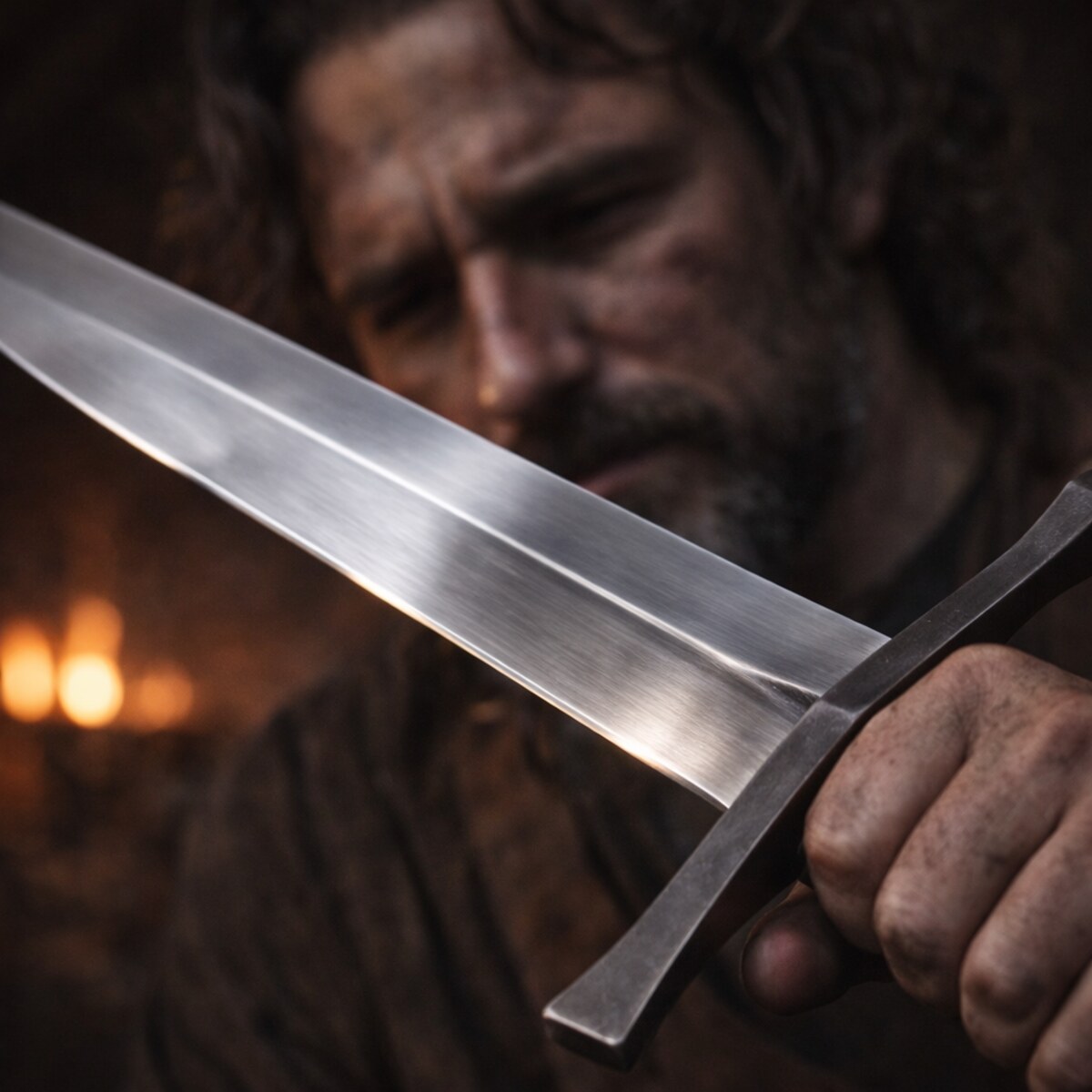 Generated image of a man examining a sword