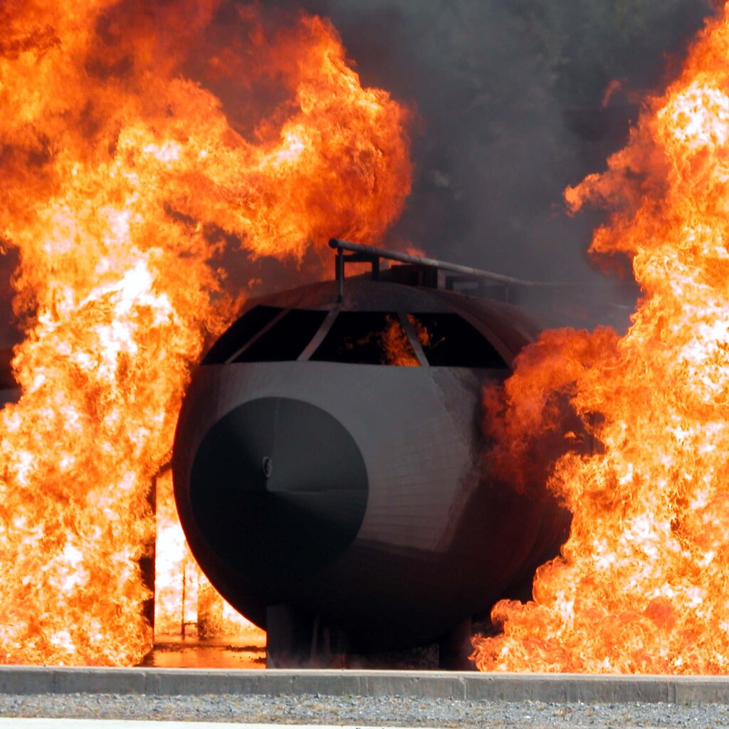 Photo of a simulated plane on fire