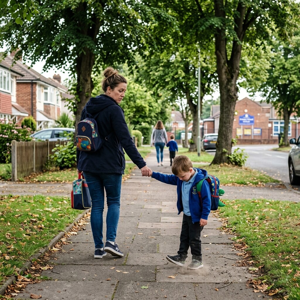 Generated image of a child dragging his feet on the way to kinder