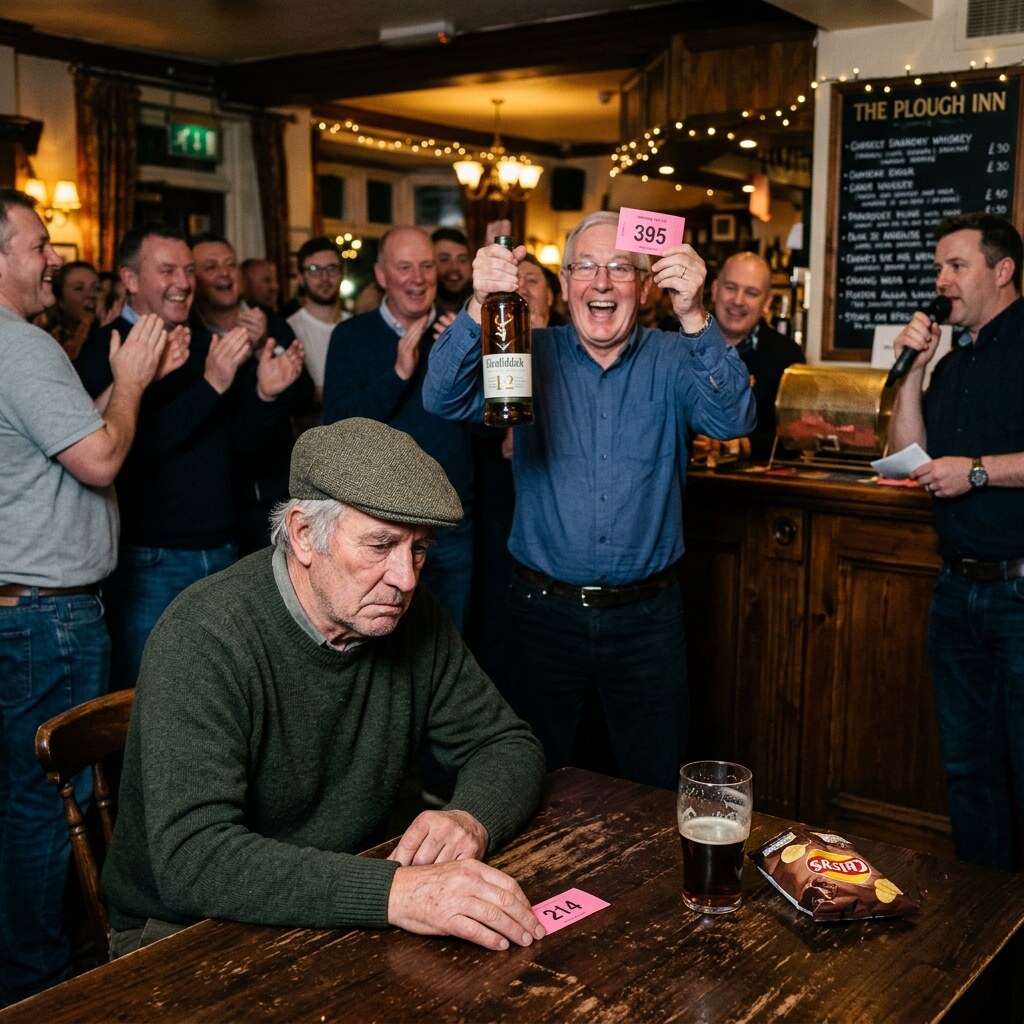 Generated image of a man losing a pub raffle