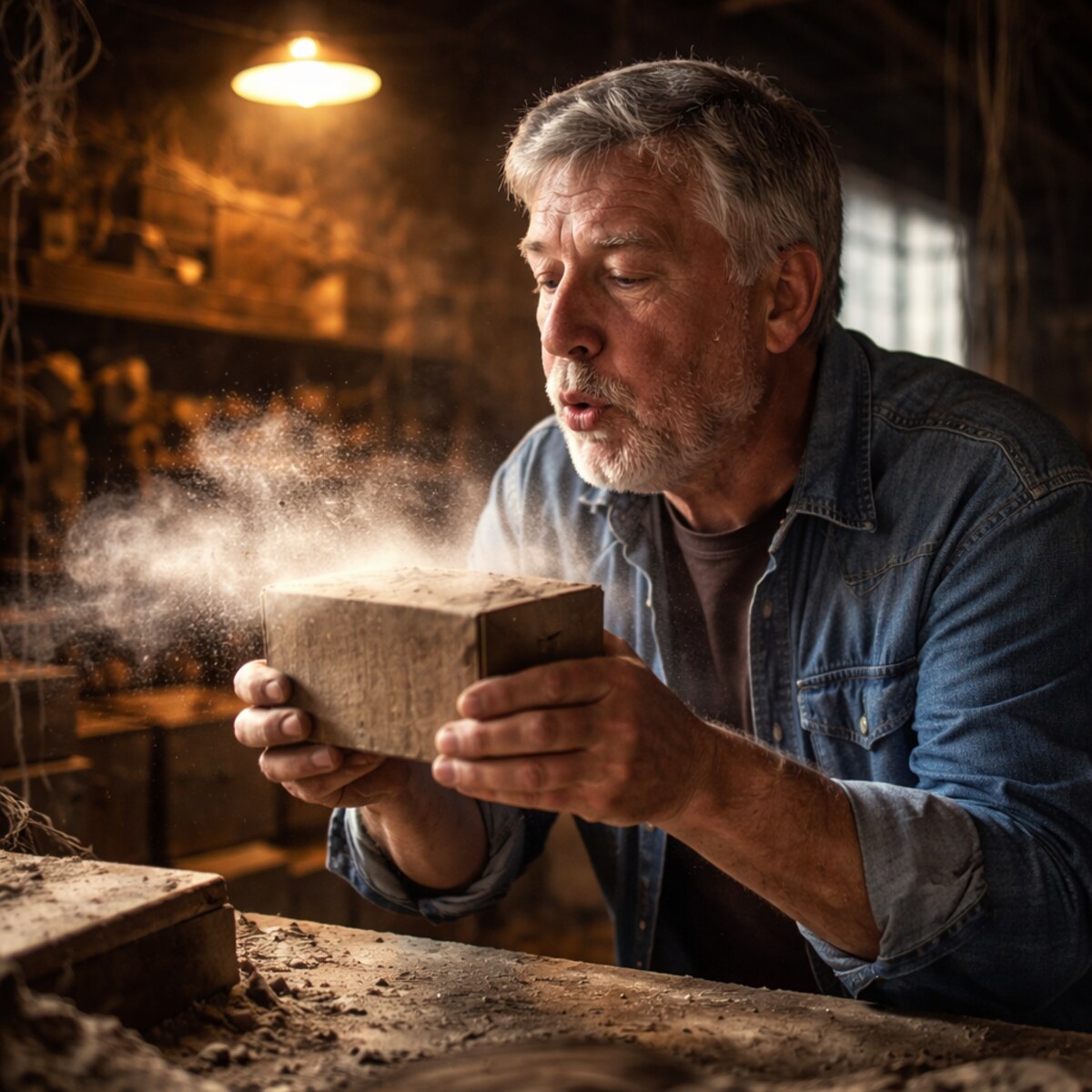 Generated image of a man blowing the dust off a box