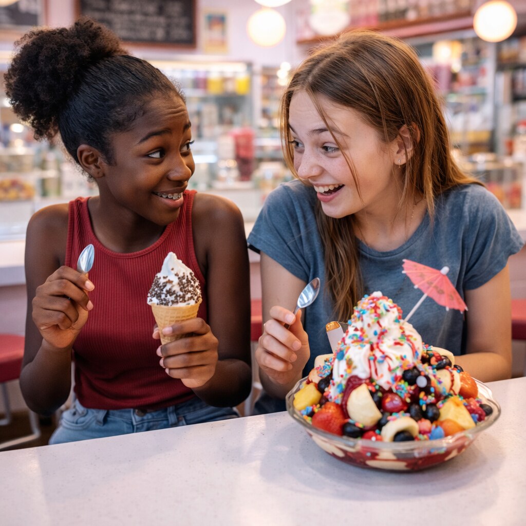 Generated image of two teenage girls with totally different icecreams