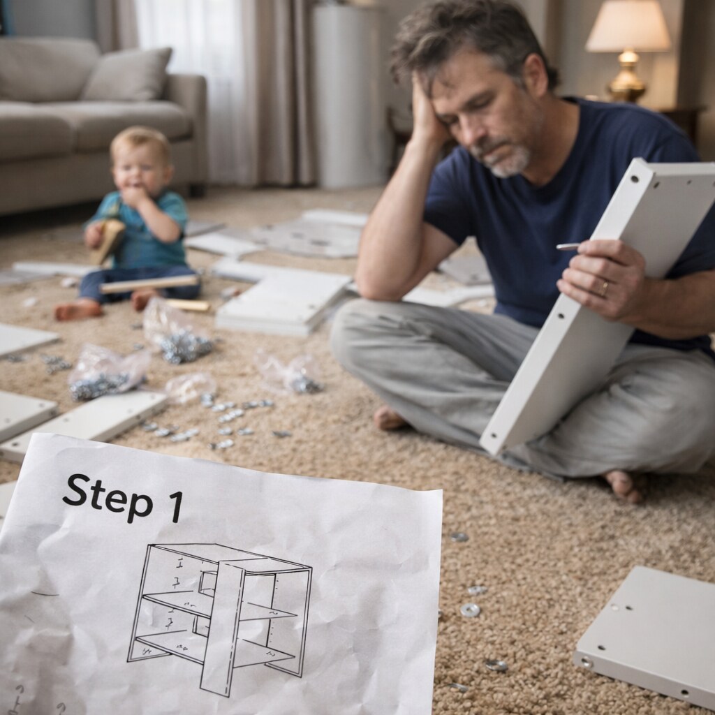 Generated image of a man failing to assemble basic flat pack furniture