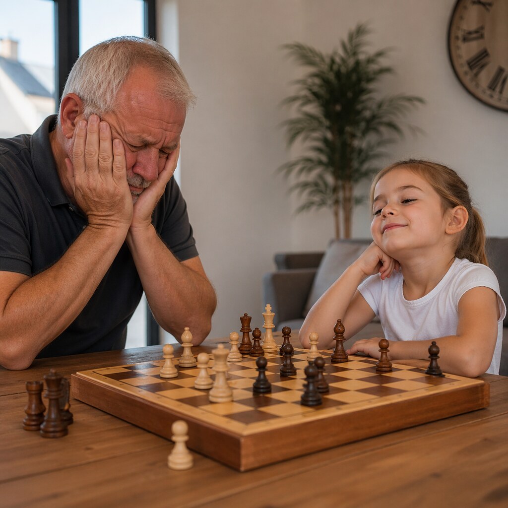 Generated image of a small child winning a chess game
