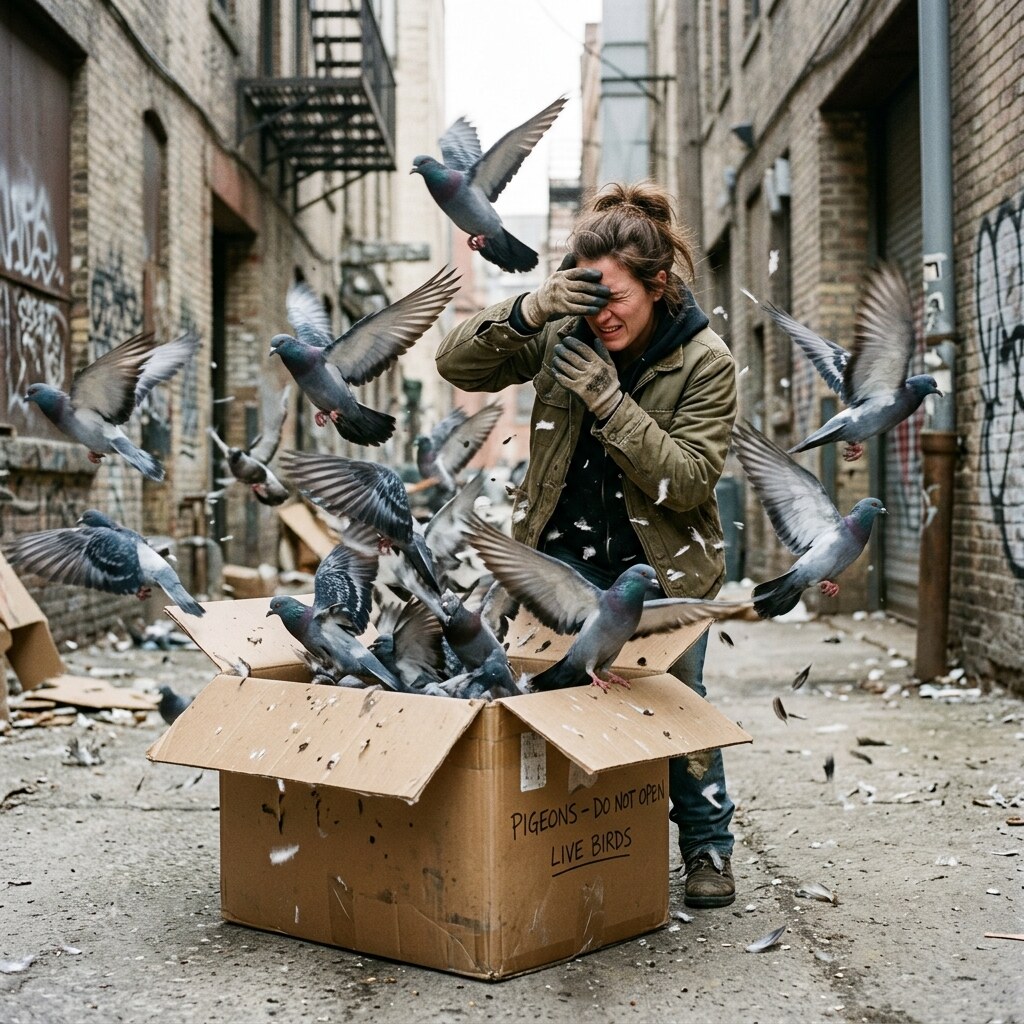 Generated image of pigeons flying into someone's face