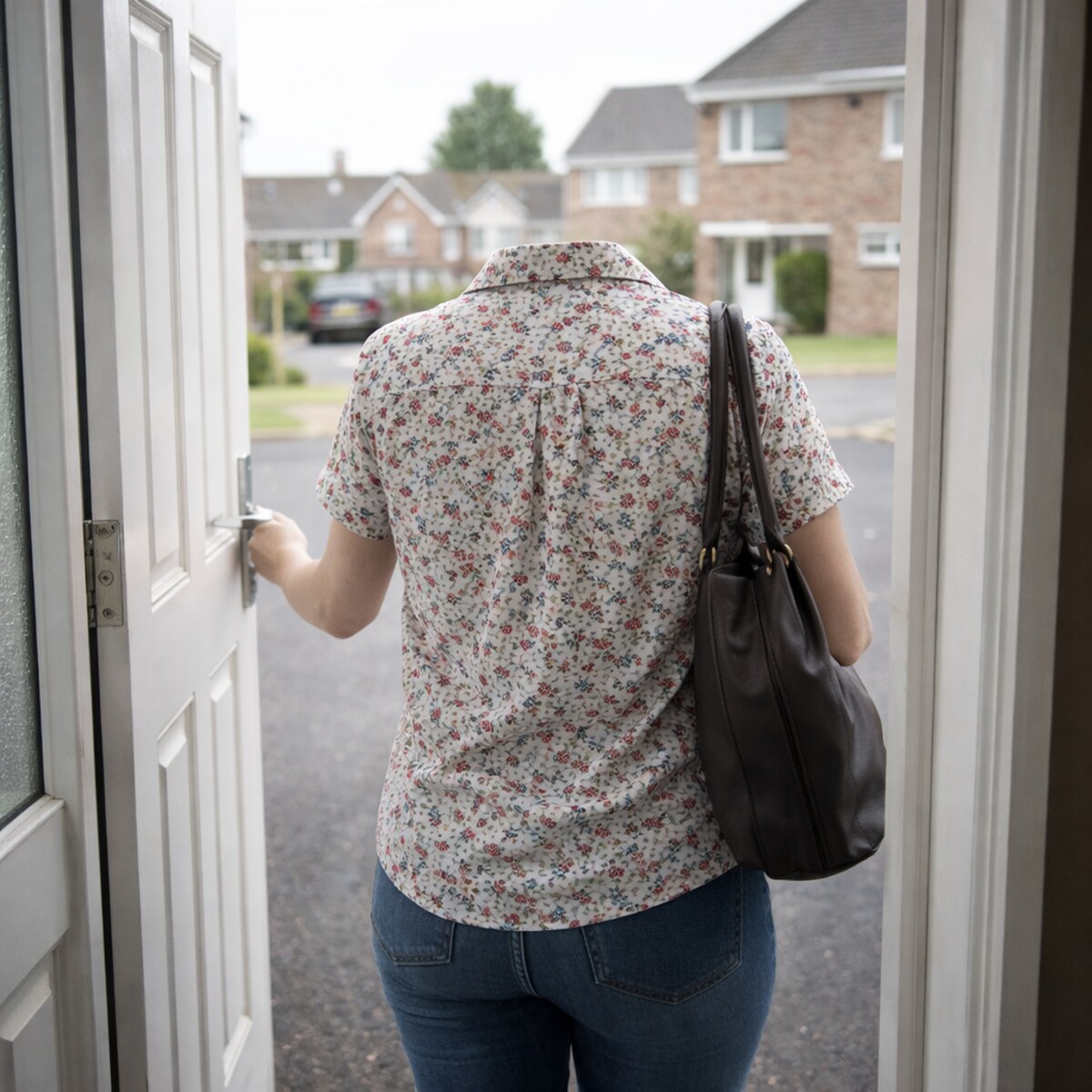 Generated image of a woman with no head leaving her house