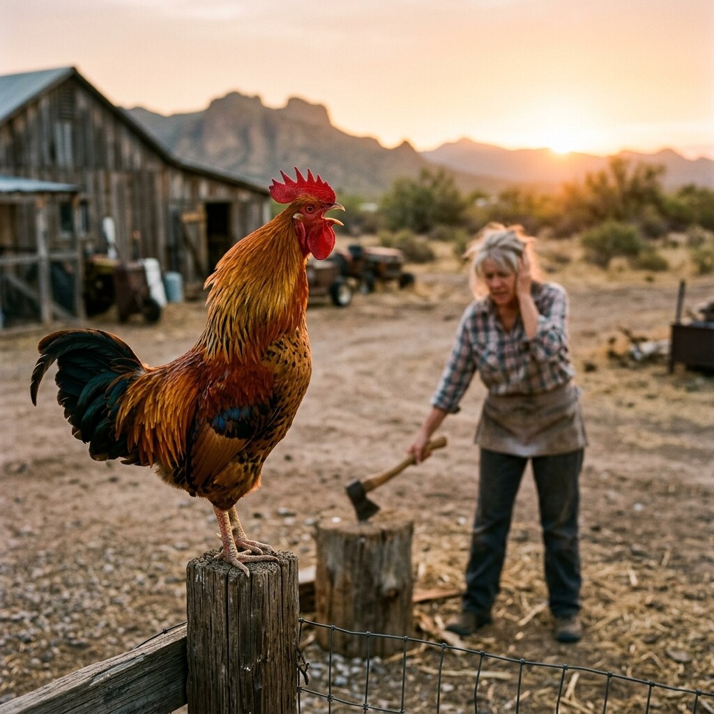 Generated image of a loud rooster who is about to get the chop