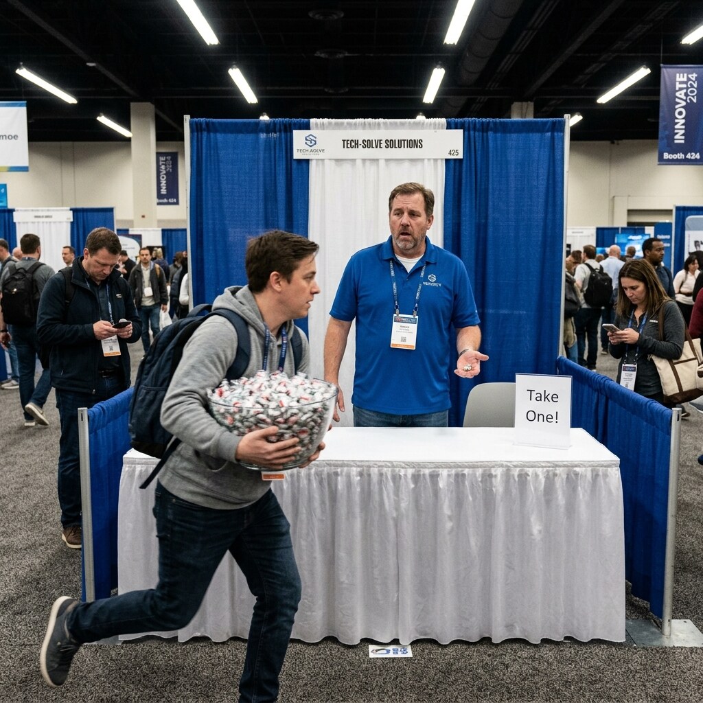 Generated image of a man stealing all the mints at a convention