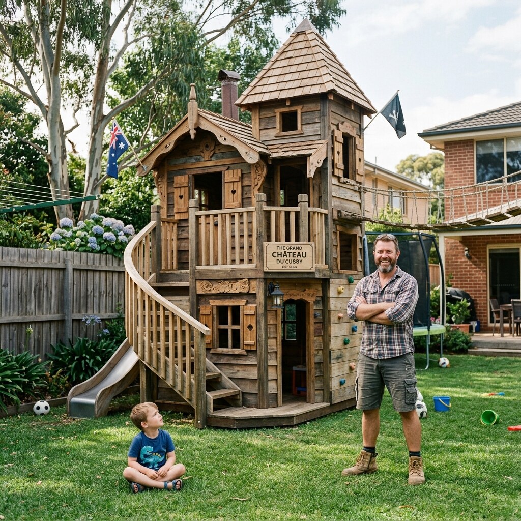 Generated image of a dad who build an over the top cubby house