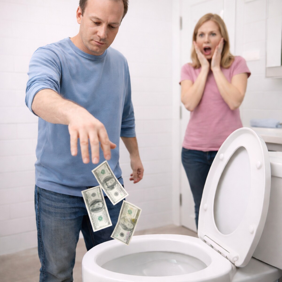 Generated image of someone throwing money down the toilet