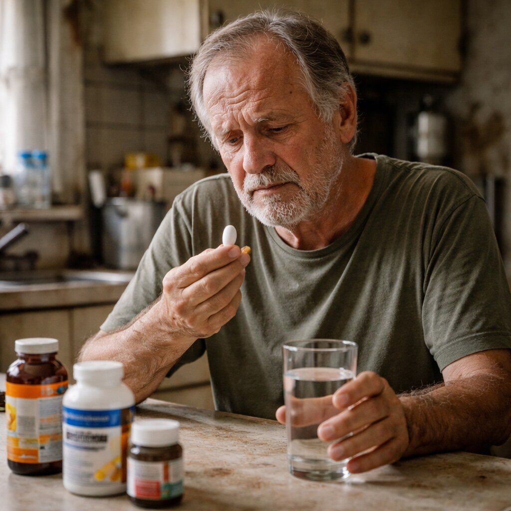 Generated image of a man about to swallow a large pill