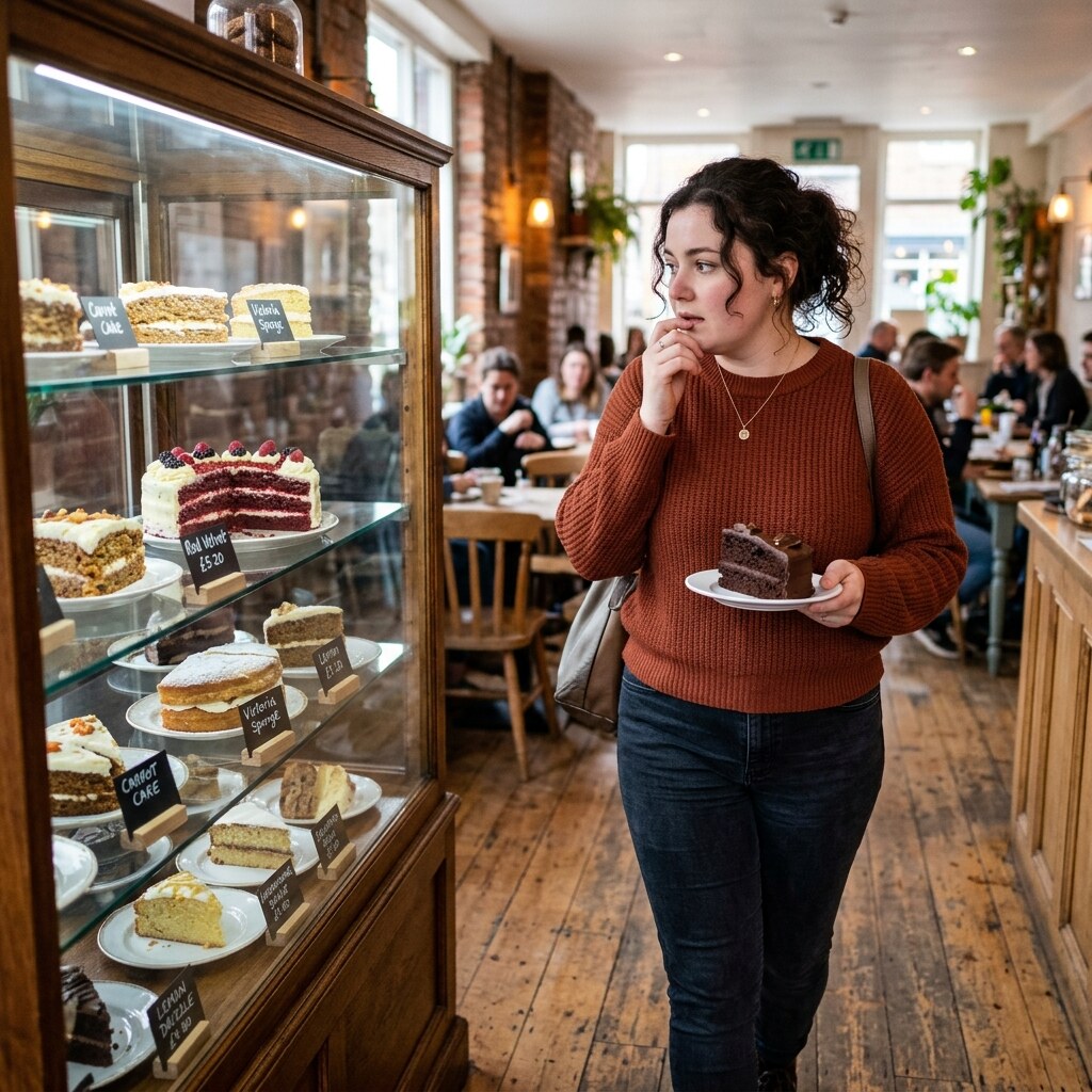Generated image of a woman having second thoughts about cake