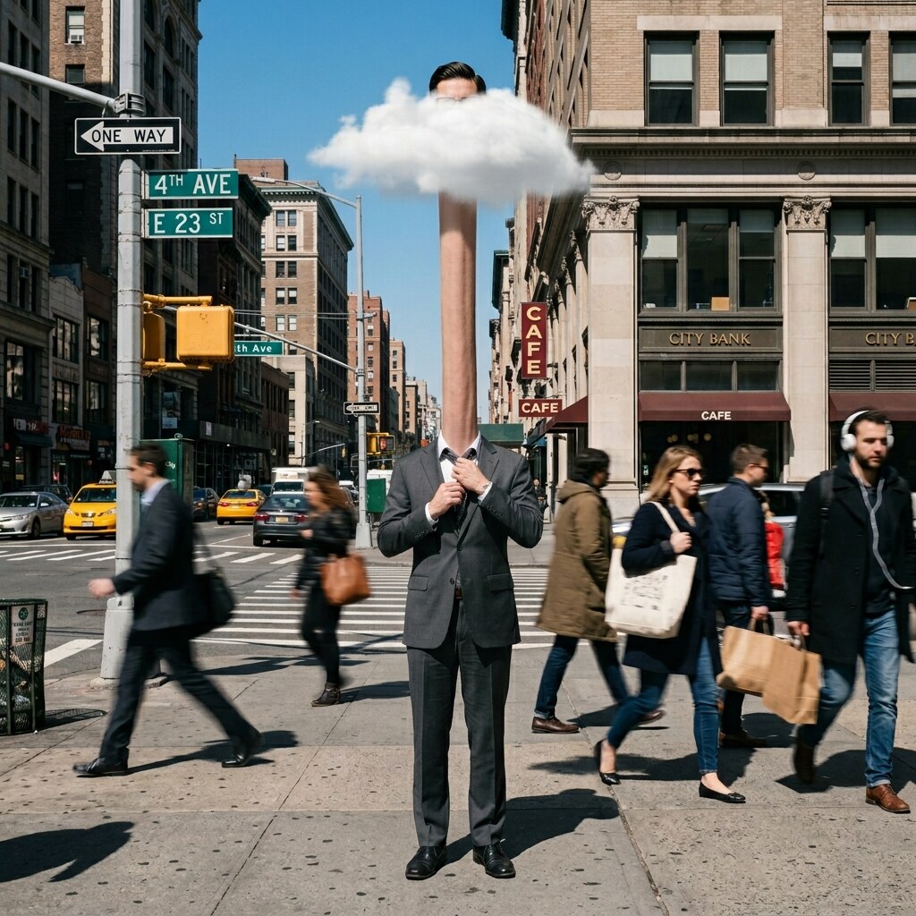 Generated image of a man with his head in the clouds