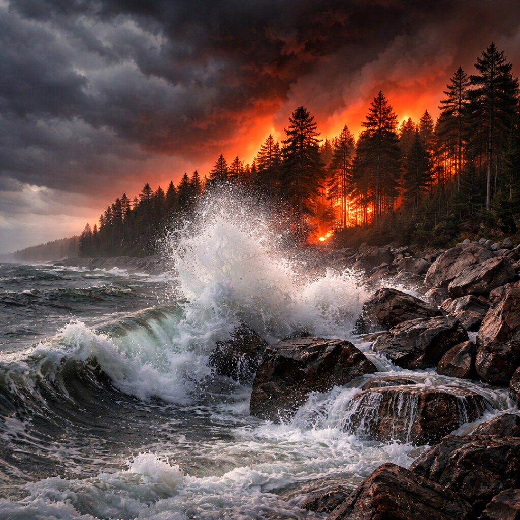 Generated image of a bushfire, a storm and a high tide