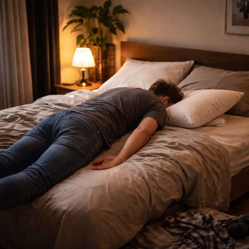 Generated image of someone falling into bed