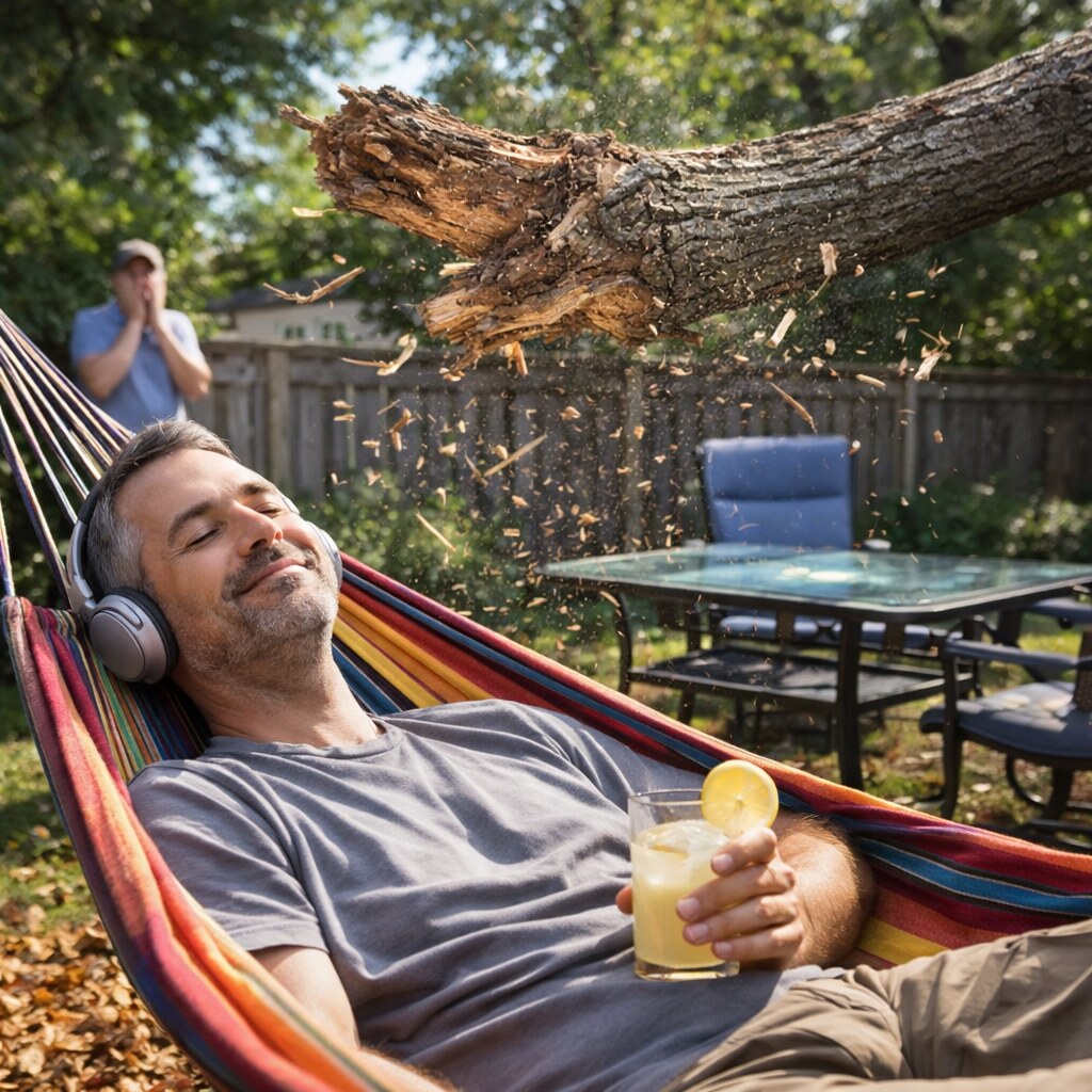 Generated image of a man blissfully ignorant of a falling tree