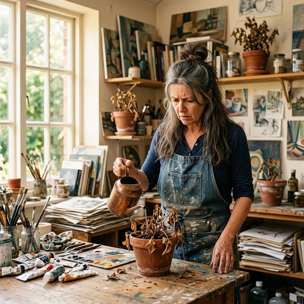 Generated image of a woman killing a plant with kindness