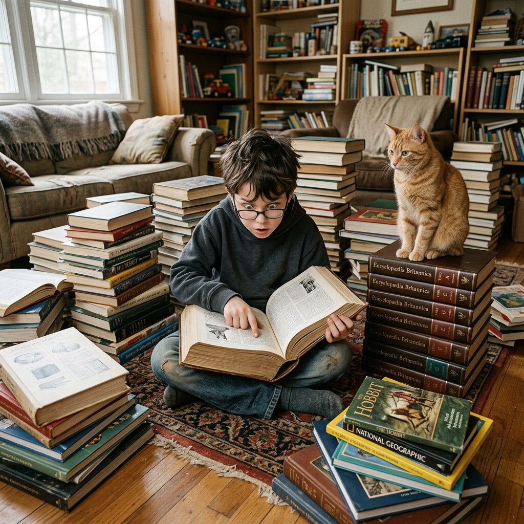 Generated image of a child learning from books