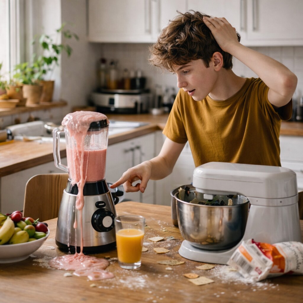 Generated image of a boy making a mess in the kitchen