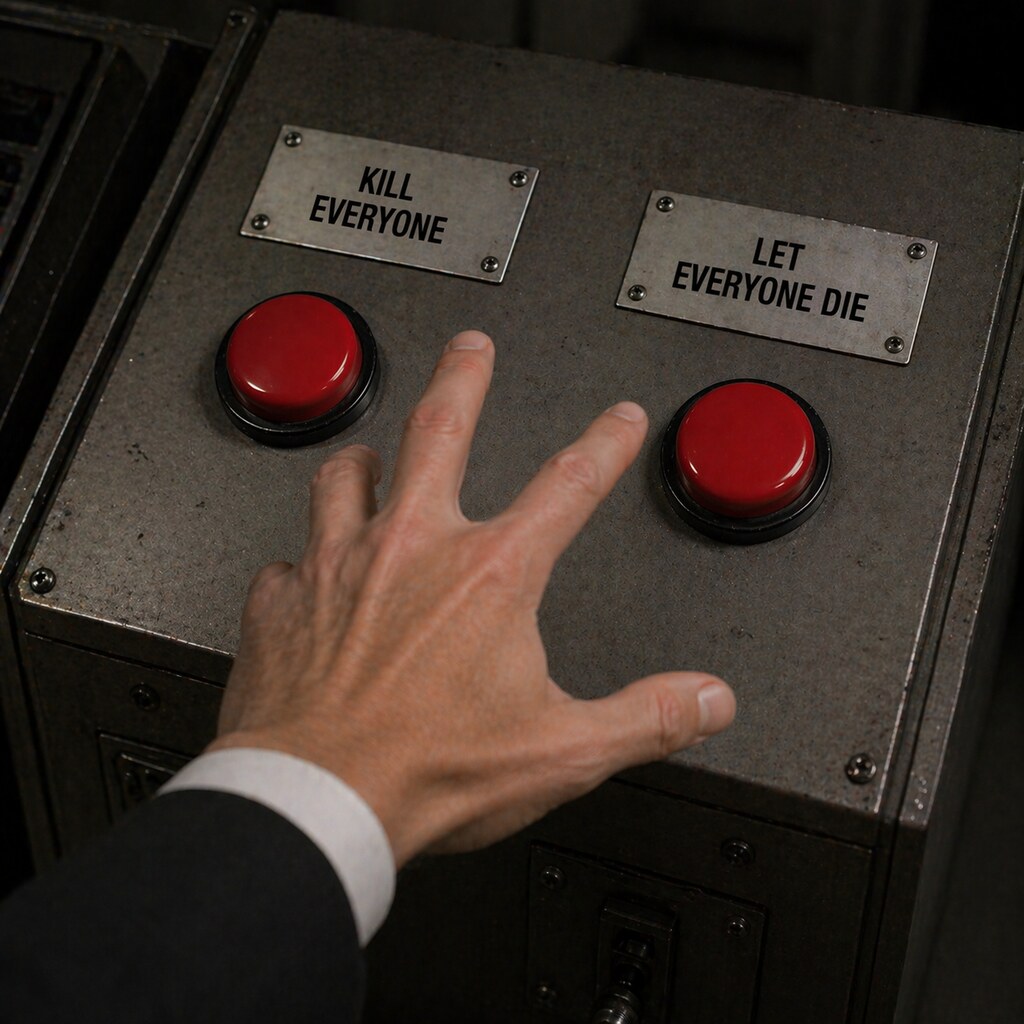 Generated image of a hand with two bad choices of buttons to press