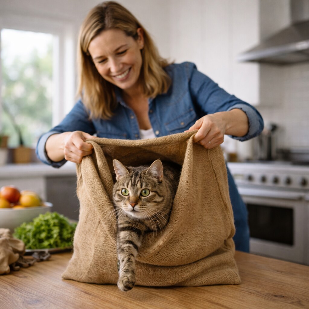 Generated image of a woman letting a cat out of a bag