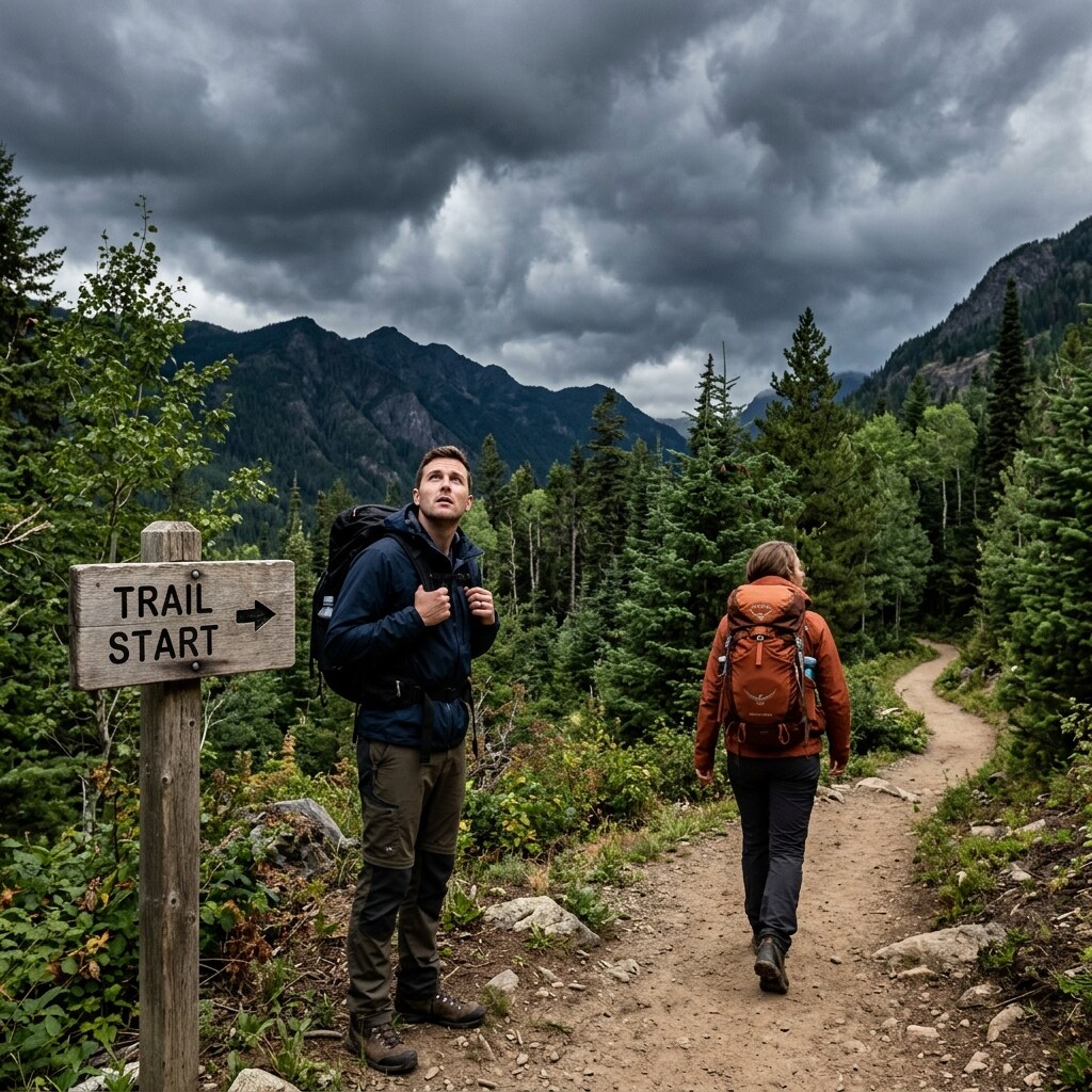 Generated image of two people starting a hike in bad weather