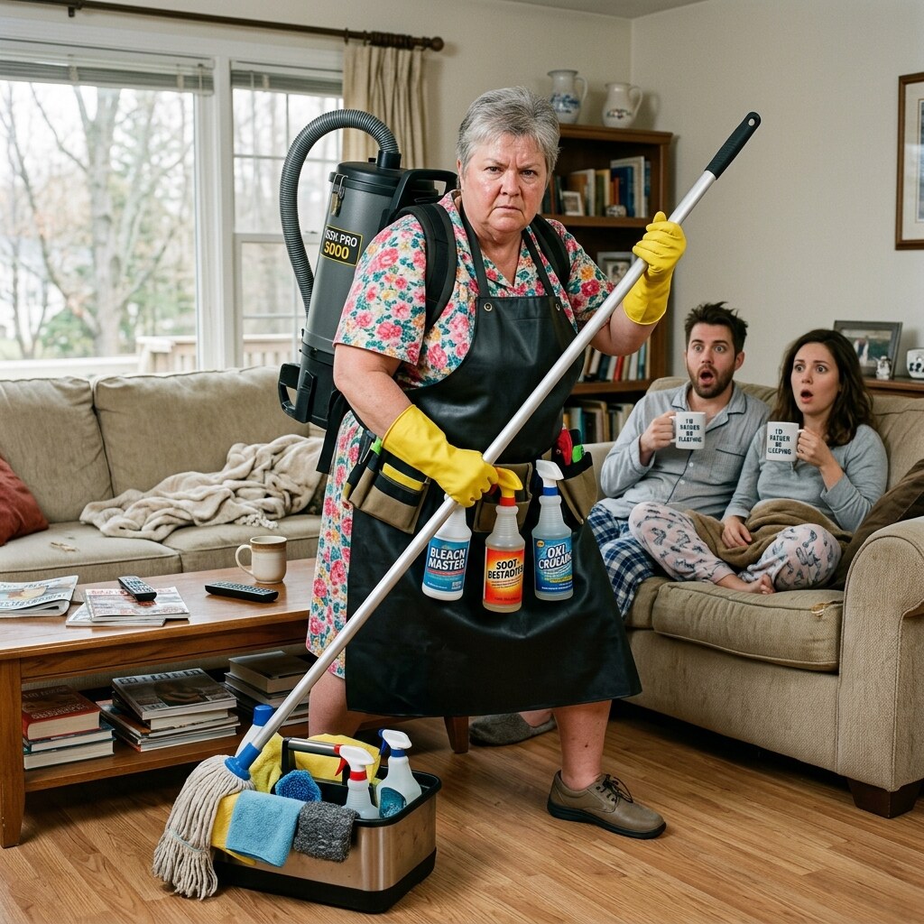 Generated image of a cleaning woman who means business