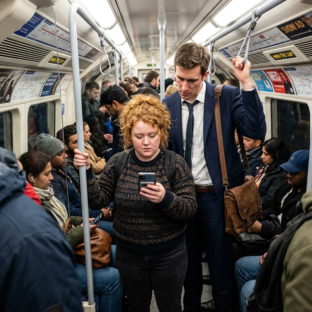 Generated image of a man reading a woman's phone over her shoulder