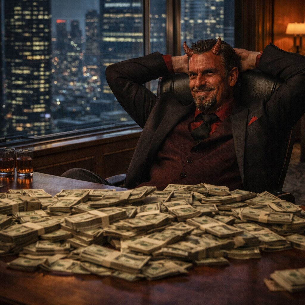 Generated image of the devil and a pile of money