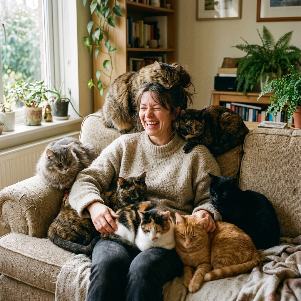 Generated image of a woman with a lot of cats