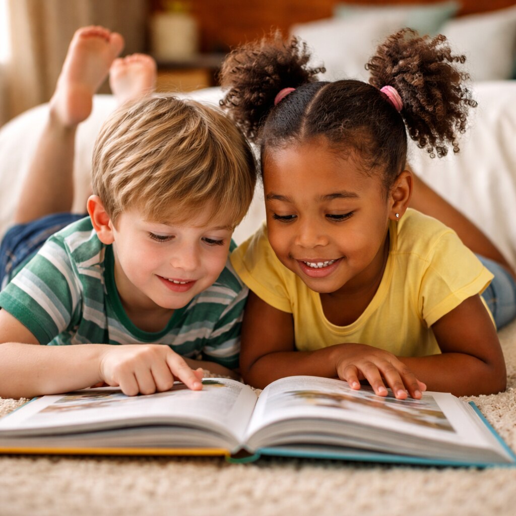 Generated image of two children reading a book