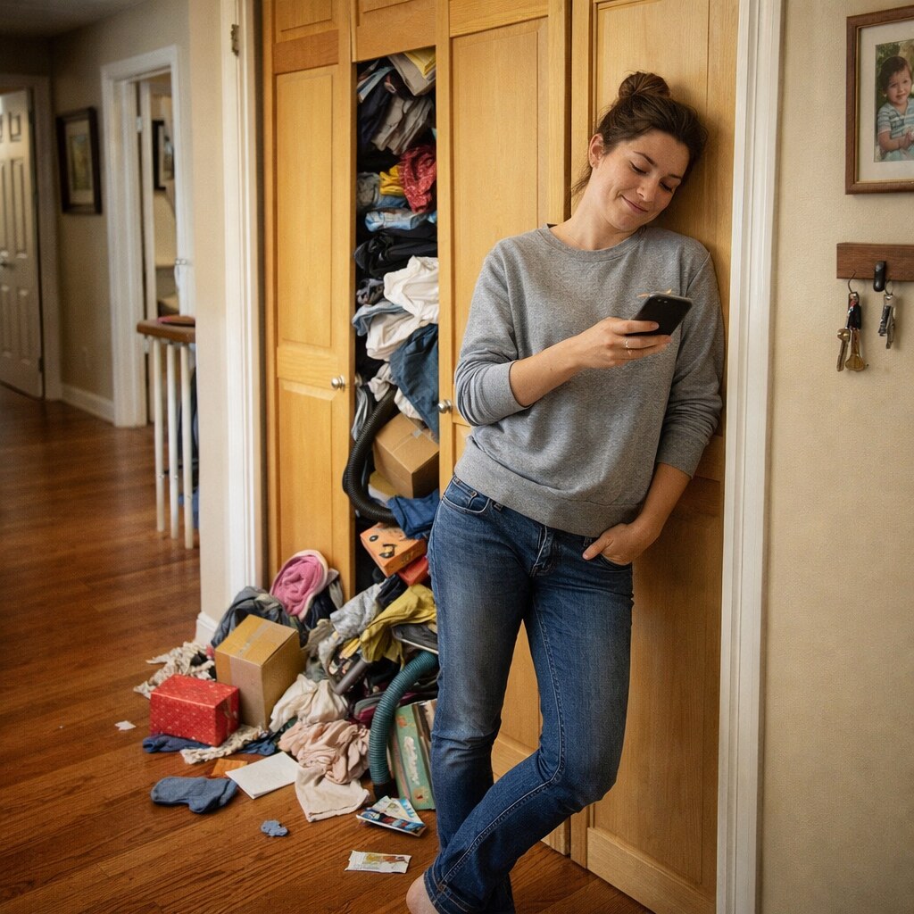 Generated image of a woman pushing all her clutter out of sight