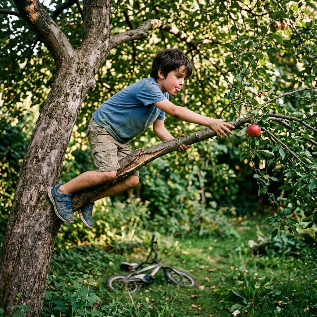 Generated image of a boy going out on a limb