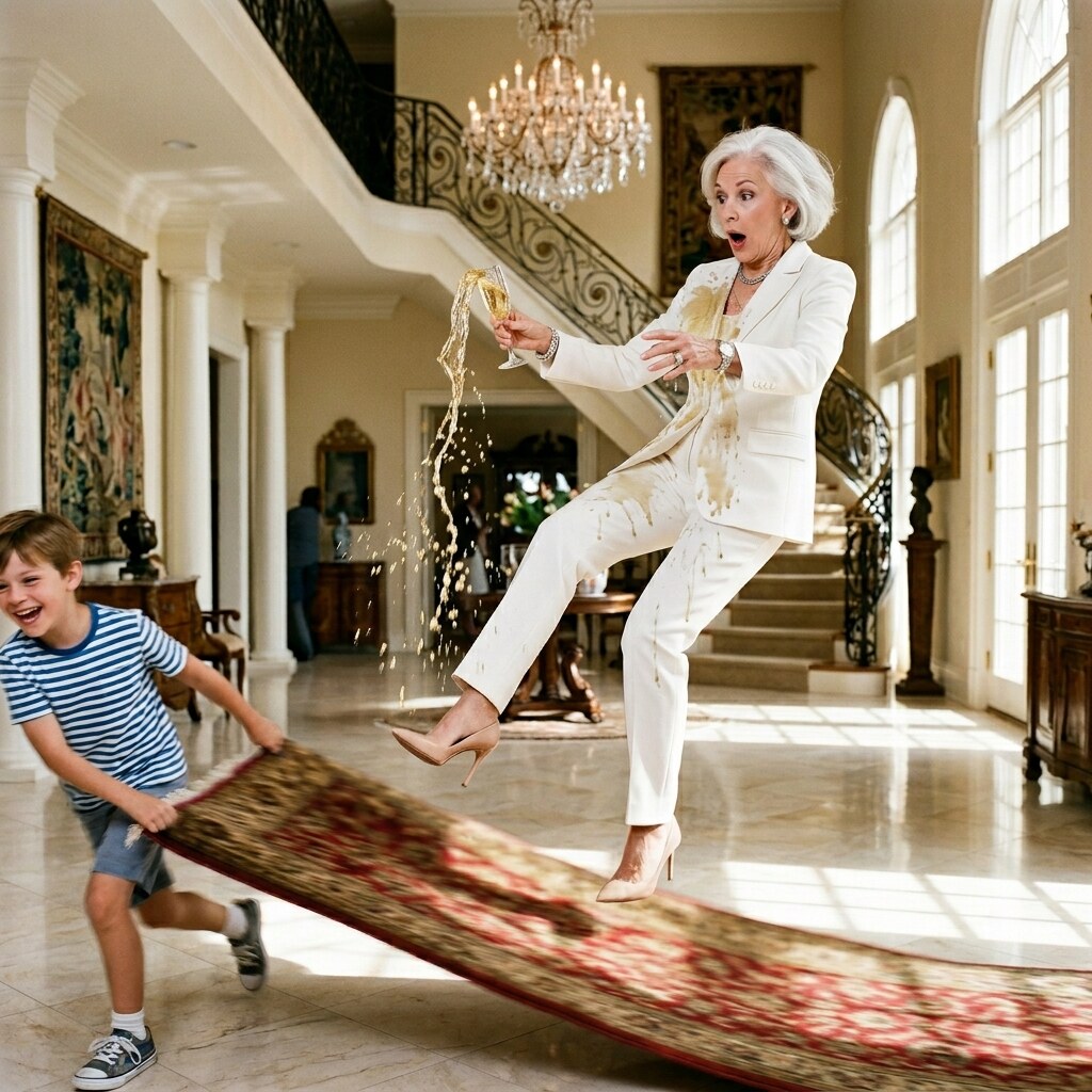 Generated image of a woman having the rug pulled out from under her