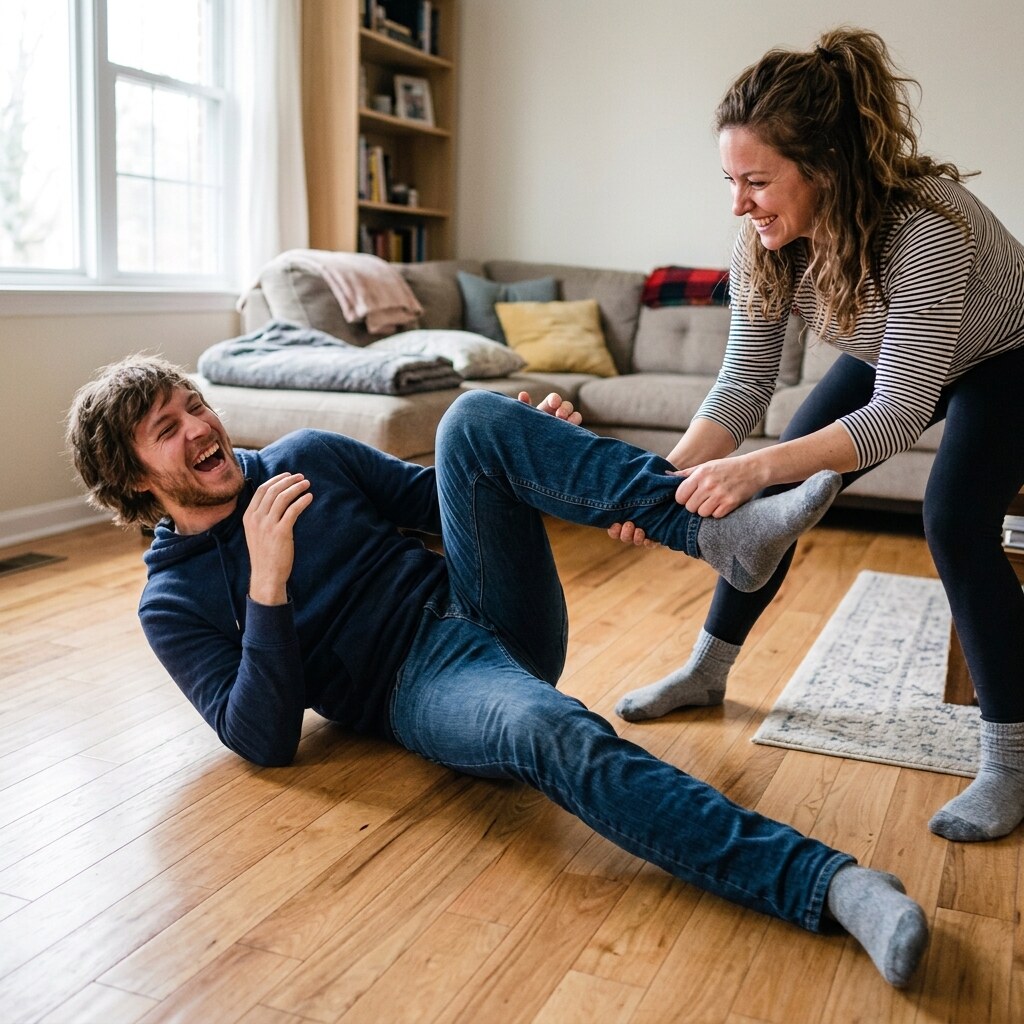 Generated image of a woman pulling a man's leg