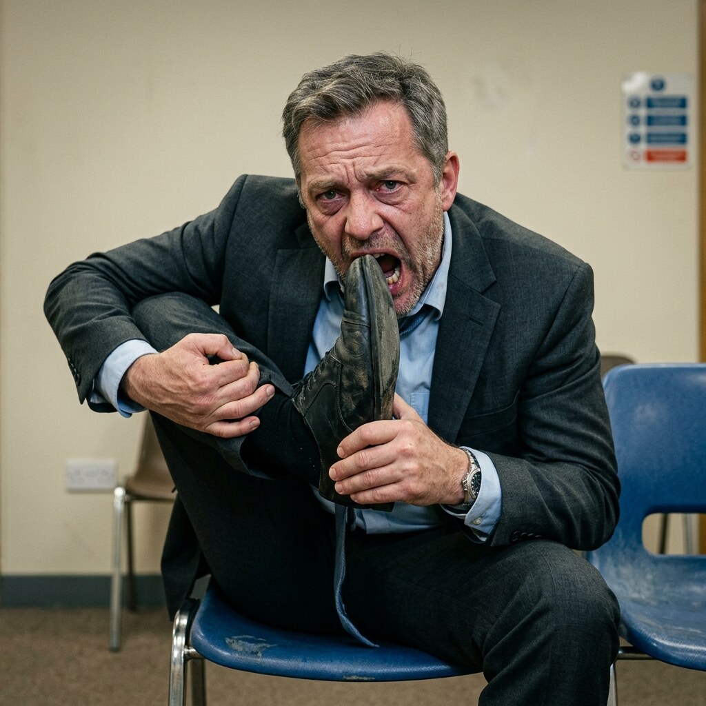 Generated image of a man putting his foot in his mouth