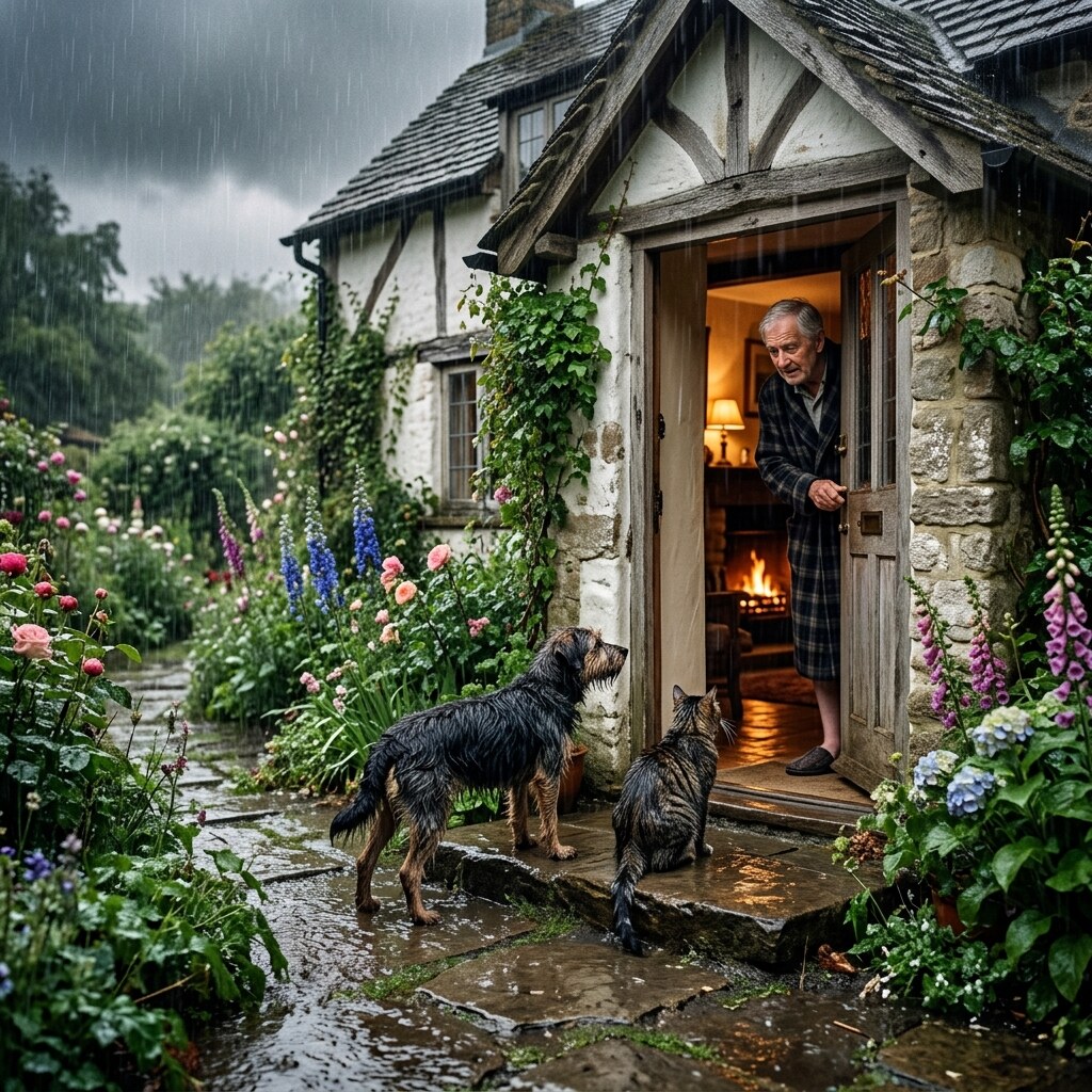 Generated photo of a man letting a sodden cat and dog inside