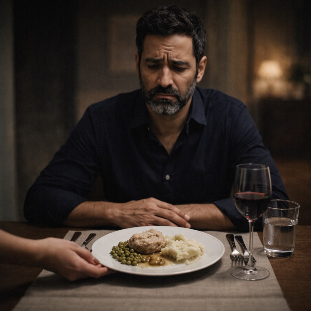 Generated image of a man being served cold dinner