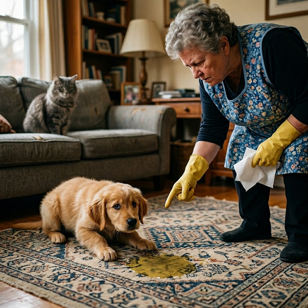 Generated image of a puppy about to have his nose rubbed in it