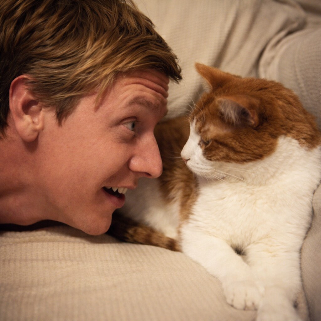 Altered image of a man and cat staring at each other