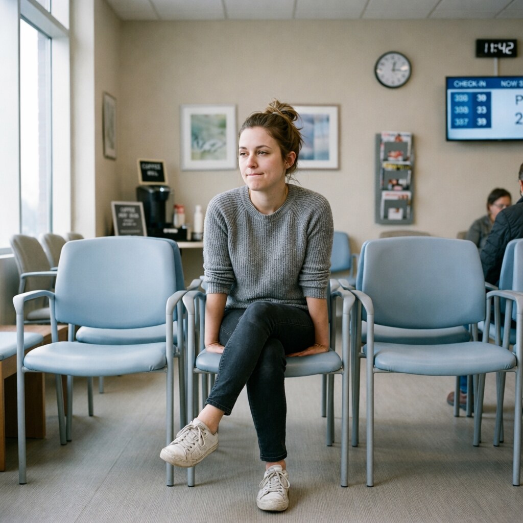 Generated image of a woman sitting on her hands