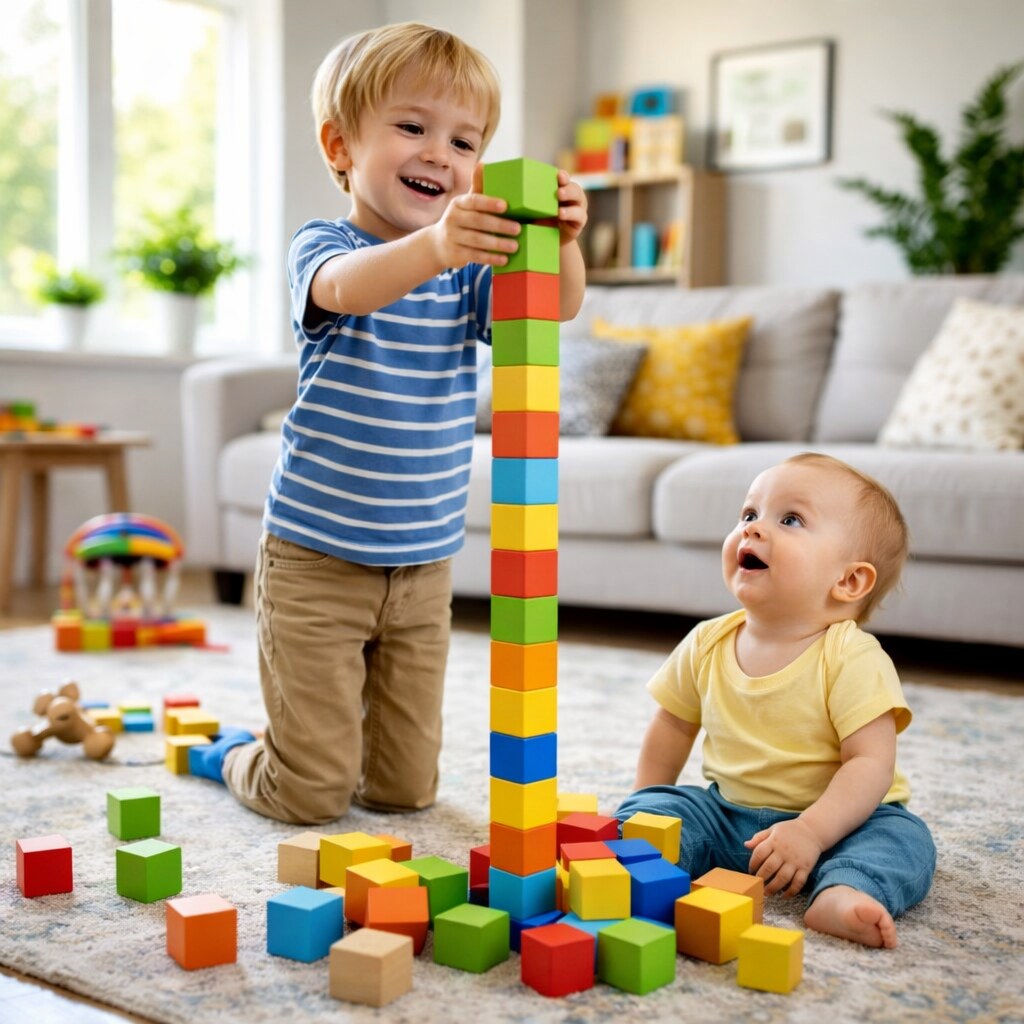 Generated image of a child stacking blocks very high