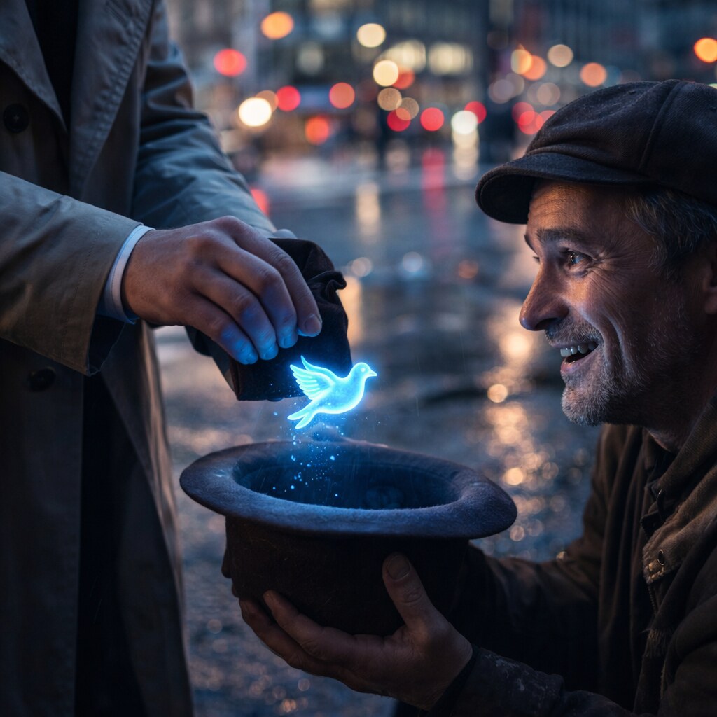 Generated image of a man dropping a thought into a pan handler's hat