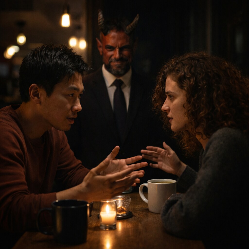 Generated image of a couple speaking of the devil