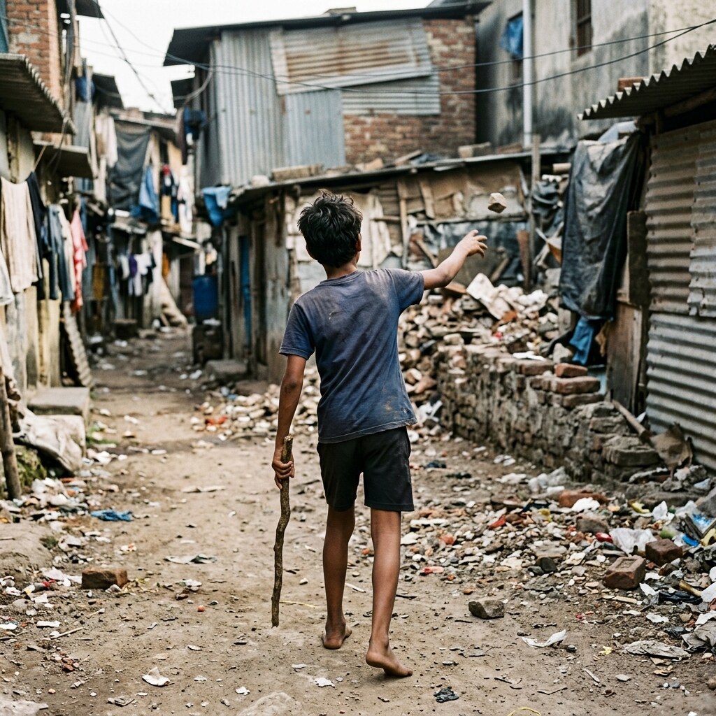 Generated image of a boy with a stick and a stone