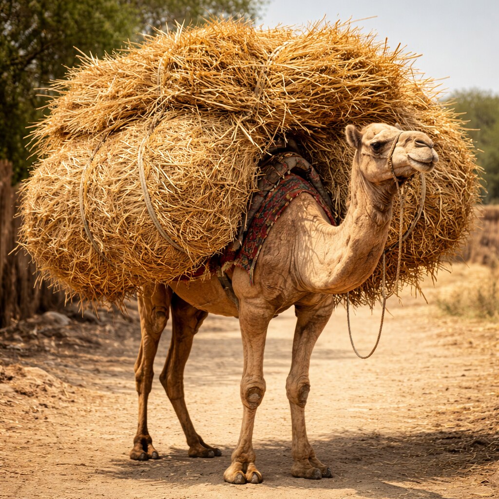 Generated image of a camel carrying straw