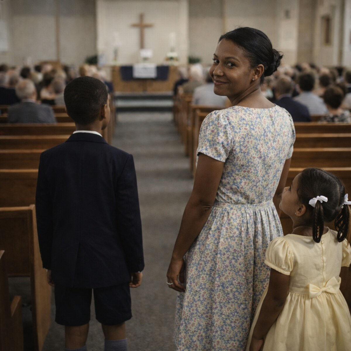Generated image of a family arriving at church
