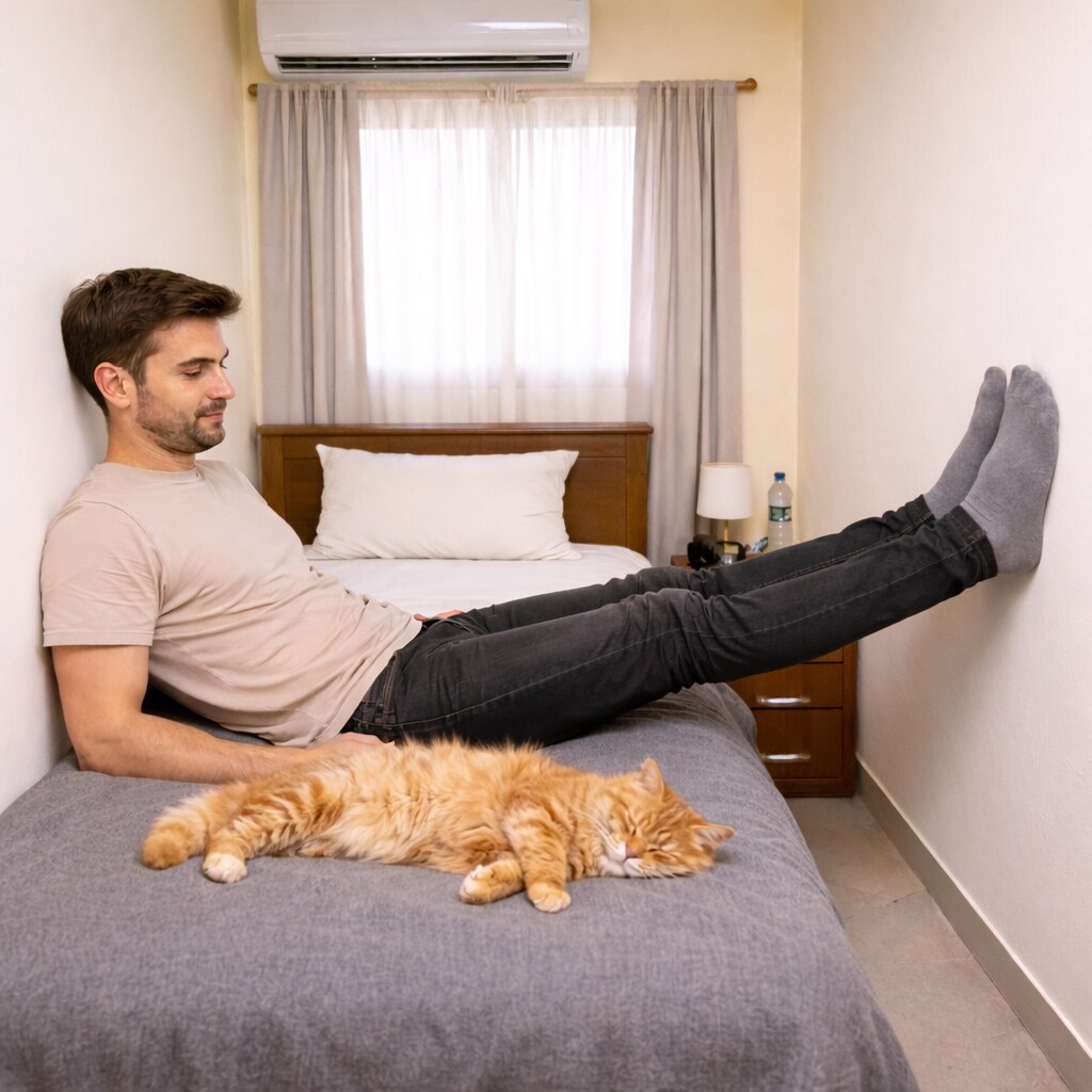 Generated image of a man in a very small room