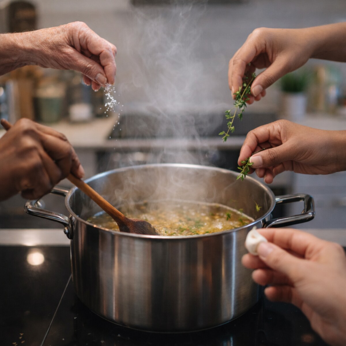 Generated photo of hands adding herbs to a pot