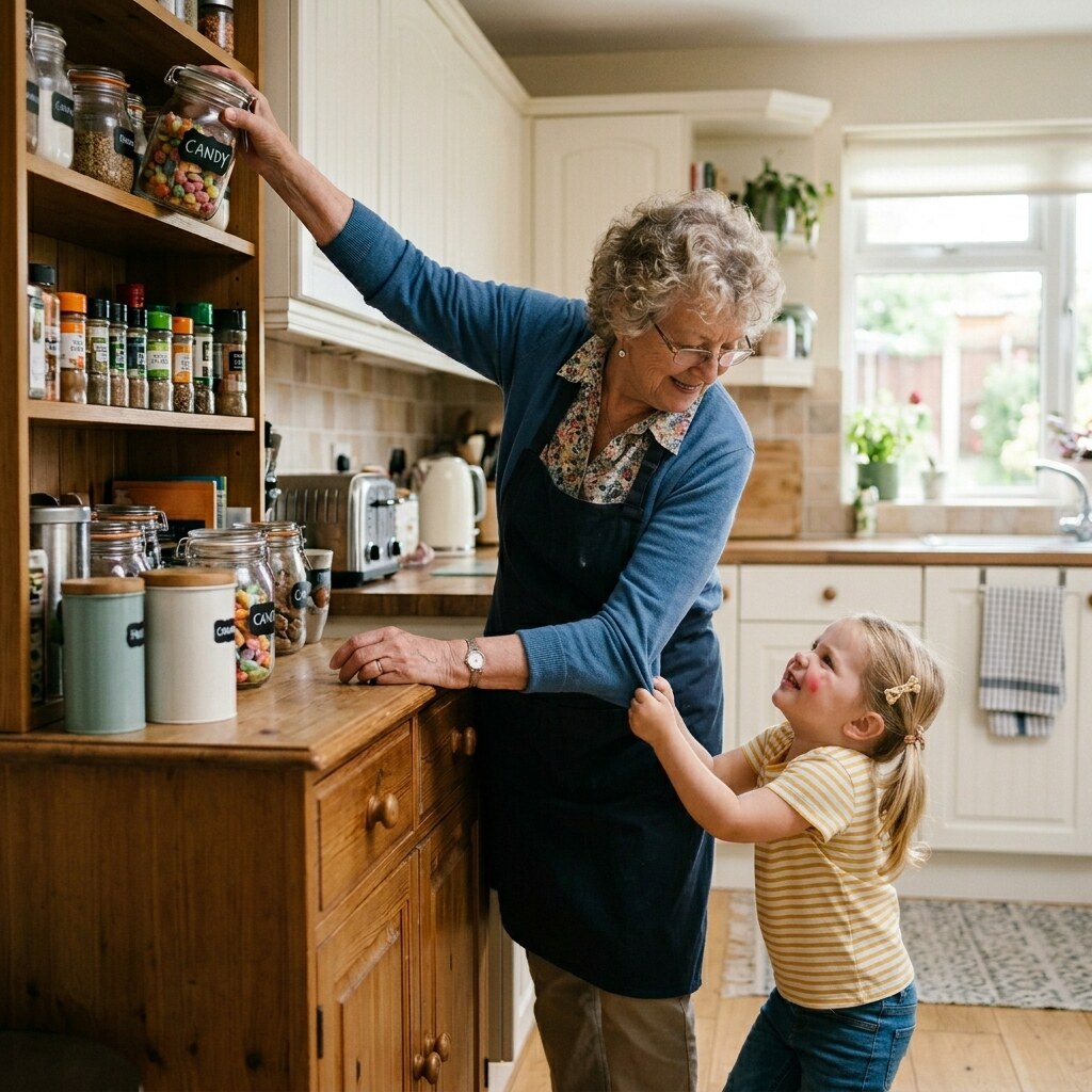 Generated image of a grandma giving in to a child for candy